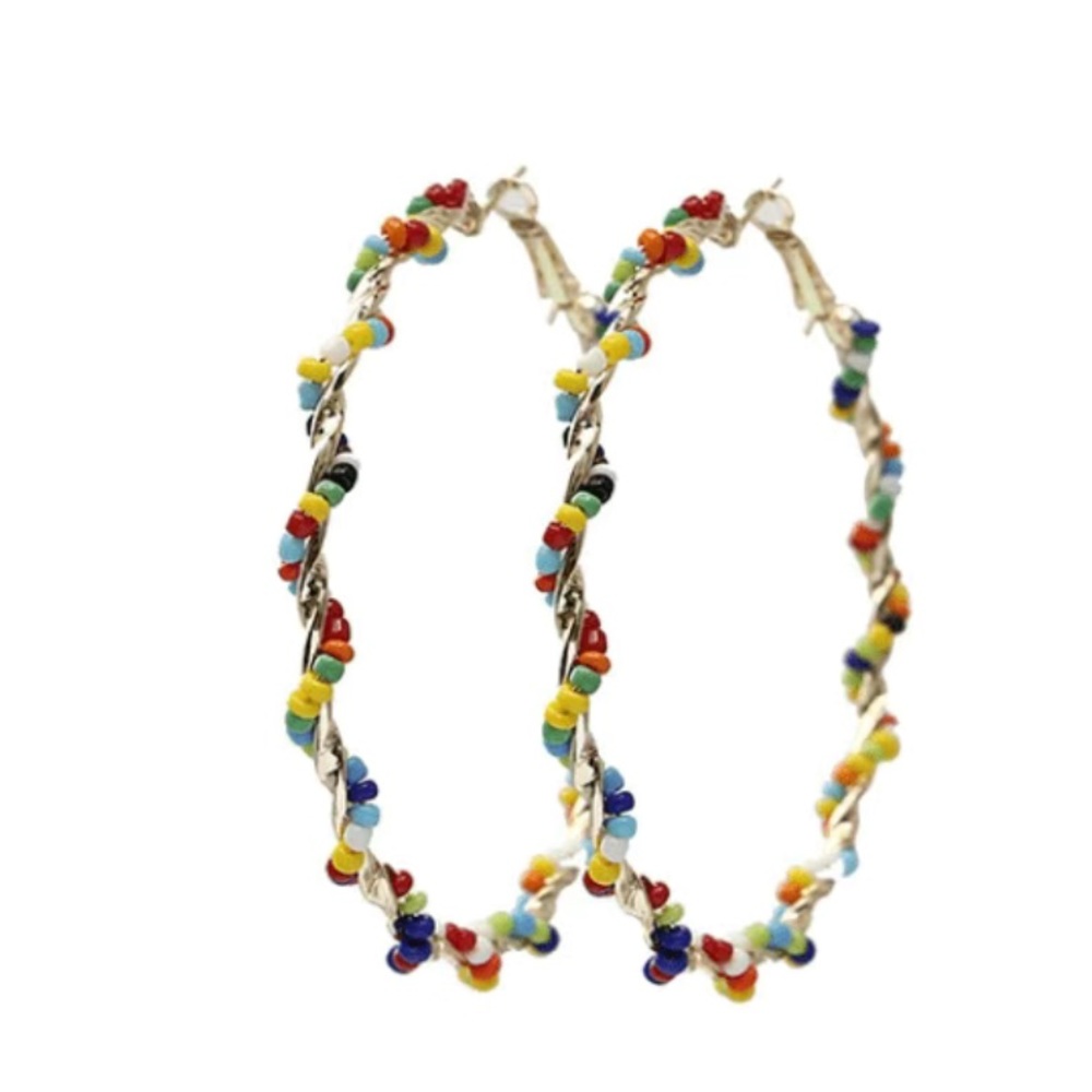 Boho Style Colorful Rice Beaded and Gold Large Hoop Earrings